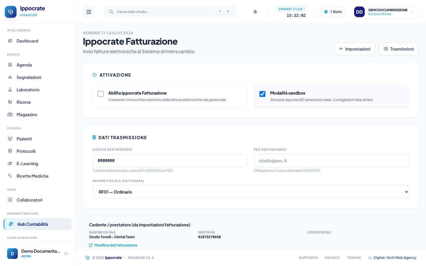 Screenshot Impostazioni SDI fatturazione