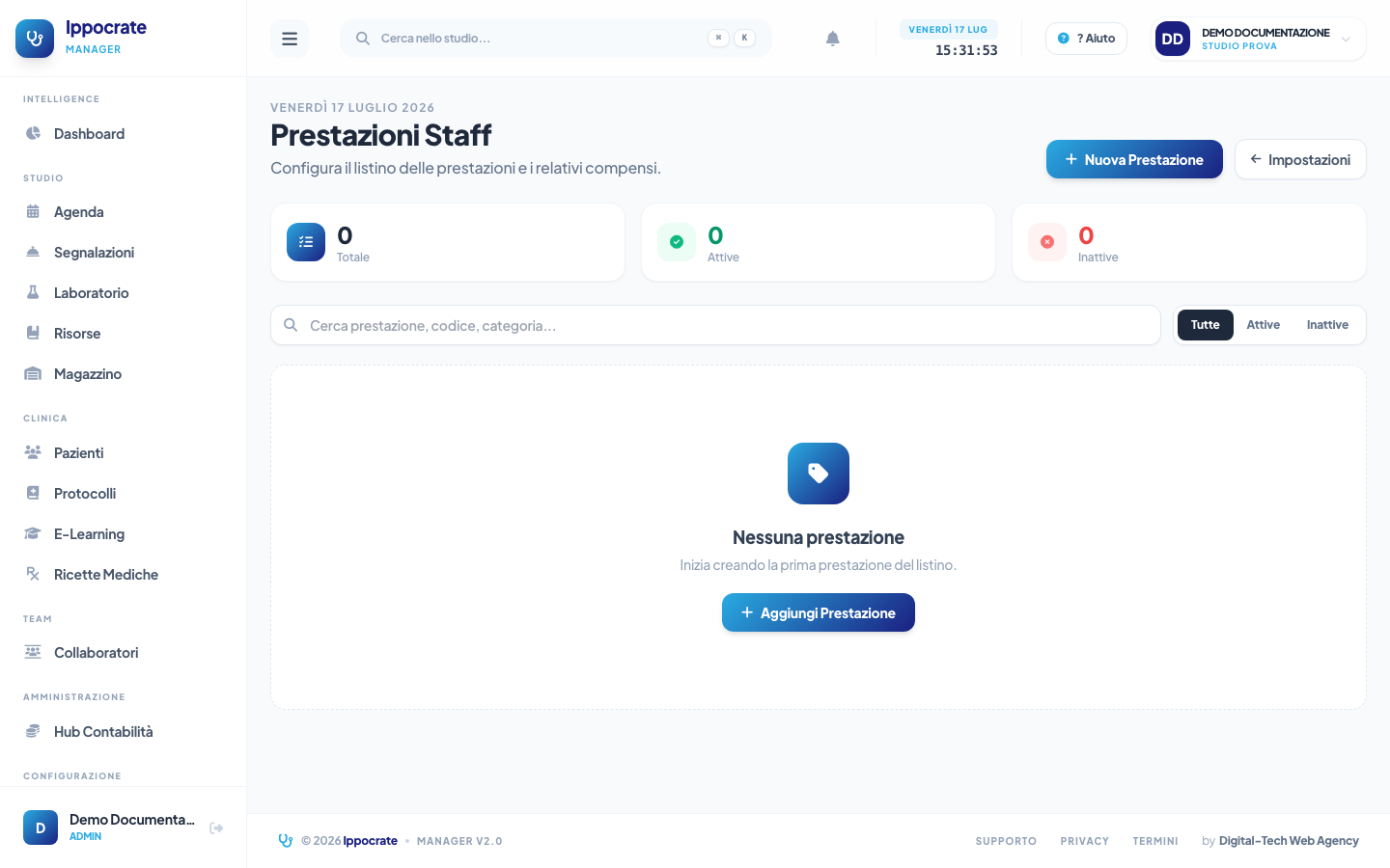 Screenshot Listino prestazioni